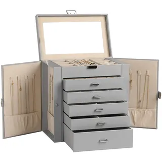 Frebeauty große PU-Leder Schmuckbox, 6-stöckig mit Spiegel und Schubladen | Kunstleder, Integrierter Spiegel, Geräumige Schmuckaufbewahrung, 16 Haken Für Halsketten, Ringe, Ohrringe Und Armbänder