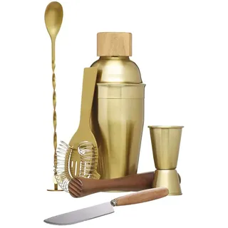 Barcraft Cocktail Set 6-teiliges Barkeeper Set mit Messbecher, Messer, Shaker, Löffel, Sieb und Stößel 12 x 17 x 22 cm Gold Messing und Holz