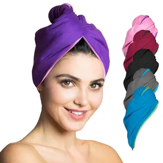 Fit-Flip Haarturban aus Mikrofaser - 1 Stück Haarhandtuch mit Knopf - schnelltrocknend und saugstark - Turban Handtuch für Haare (lila-rosa)