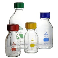 Laborflaschen 500ml GL45 rot graduiert mit PP-Schraubkappe und Augussring, hergestellt aus Borosilikatglas 3.3 mit witeg-Logo, komplette Verpackungseinheit