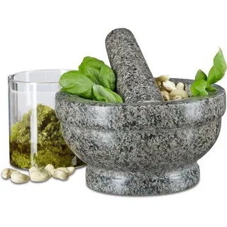 Famanu Mörser Set aus Granit - mit Stößel und Bambusdeckel