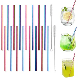 morneve Metall-Trinkhalme, kurz, klein, Edelstahl, wiederverwendbar, für Kinder, Saft, Cocktails, Kaffee, Bar, Party, Zuhause, Büro, Restaurant, 150 mm Länge mit Reinigungsbürste, bunt, 16 Stück