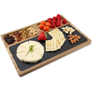 Schiefer Servierbrett Holz, Akazienholz Serviertablett & Käsebrett, Schiefer Steak Brot Abendessen Platte Mehrzweck für Party Familie Küche Restaurant