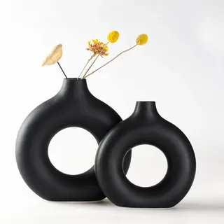 Sawoake Schwarzer Donut Keramik Vase Satz von 2 für Moderne Home Decor, Runde Matte Vasen für Pampasgras, Neutral Boho Nordic Minimalismus Stil Blumenvasen(Supergroß+Groß)