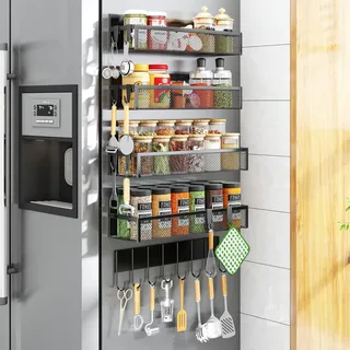 Aufworld Magnetisches Gewürzregal für Kühlschrank, 5 Stück verstellbare Magnetregale mit 8 Haken, Kühlschrank-Organizer für Küche (inkl. 8 Haken) – Platzsparend & Bohrfrei(5 PACK-NEW)