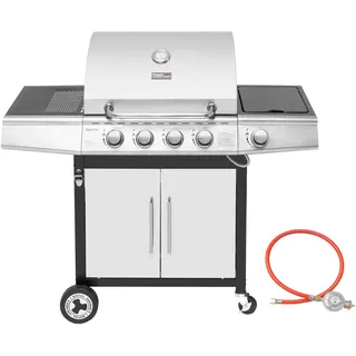 Royal Gourmet 4+1 Brenner Gasgrill Grillwagen mit automatischer Zündung,integriertem Thermometer und Unterschrank Edelstahl Brenner mit 14,5 kW Camping Gasgrill für Outdoor Barbecue Silber