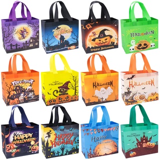 Yotako Halloween Tüten mit Griffen, 12 PCS Halloween Süßigkeiten Tasche, Non-Woven Halloween Süßigkeitentüten, Halloween Tragetaschen Süßes oder Saures Tüten, Halloween Taschen für Geschenke, Candy