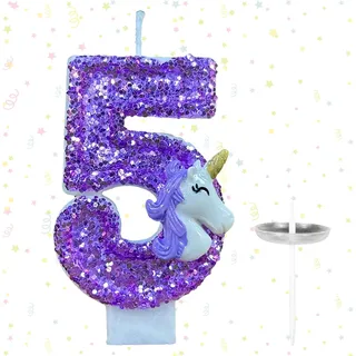 Ovanda Kerze 5 Geburtstag Mädchen, Einhorn Tortendeko Kerze 5 | 3D Regenbogen Einhorn Geburtstagskerzen, Kerzen Zahlen 5 Lila, Geschenk Mädchen 5 Jahre, Einhorn Deko Kindergeburtstag 5
