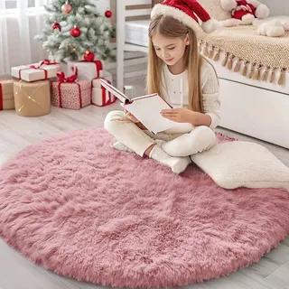 Homaxy Hochflor Waschbar Klein Teppich Wohnzimmer 120 cm Rund, Rosa