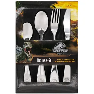 Jurassic World p:os p:os Jurassic World - Kinderbesteck-Set Edelstahl, 4-teiliges Besteckset mit Dino-Gravur, Besteck mit Messer, Gabel, Suppenlöffel und Dessertlöffel, Silber