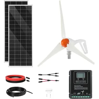 VEVOR 12V 400W Solar-Wind-Hybrid-Set, Inkl. 2 Stk. 100W Mono-Solarpanele 200W Windturbine mit MPPT Wind/Solar Hybrid-Laderegler, Netzunabhängige Energie für Heimgebrauch Wohnmobile Boote Camper RV