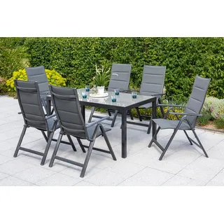 Garten-Essgruppe MERXX "Taviano", grau (anthrazit, anthrazit, grafit), Polyester, Aluminium, Polyester, Sicherheitsglas, Sitzmöbel-Sets, Garten-Essgruppe, 6 Klappsessel, 5-fach verstellbar, Tisch