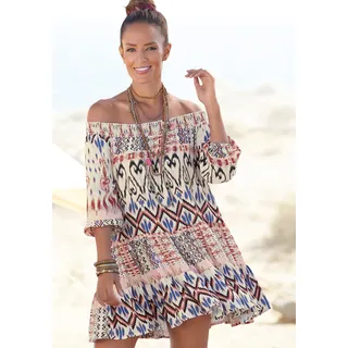 Tunikakleid BUFFALO "mit Carmenausschnitt, luftiges Strandkleid mit Ethnomuster", Damen, Gr. 32/34, N-Gr, beige (creme, bedruckt), Web, Obermaterial: 100% Viskose, bedruckt, ethno, figurumspielend ca. Mitte Oberschenkel, Carmenausschnitt, Kleider Tunikakleid, Beachkleid, Sommerkleid, Viskosekleid, Hängerchenkleid, Festival, Topseller