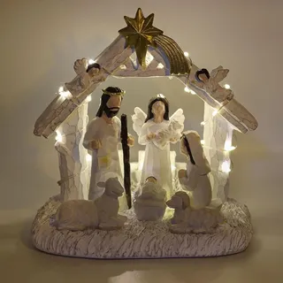 Krippenfiguren Set – Weihnachtskrippe Mit Beleuchtung, Handbemalt Krippe Weihnachten – Weihnachtskrippe Komplettset Mit Jesus Figur, Nativity Scene Set, Christliche Deko & Weihnachtsdeko Indoor