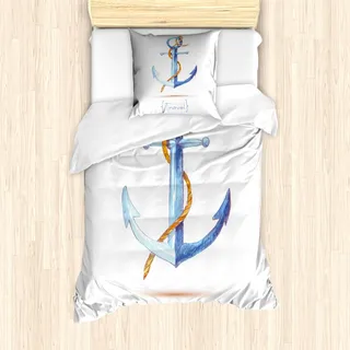 ABAKUHAUS Anker Mantele, Classic Sail Rope Emblem, Milbensicher Allergiker geeignet mit Kissenbezügen, 135 cm x 200 cm - 80 x 80 cm, Blau, Weiß, Braun - Blau