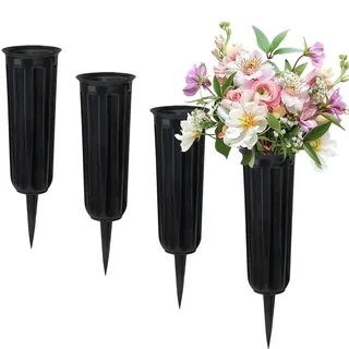 4 Stück Grab Vasen mit Spikes, Kunststoff Blumenhalter für Friedhof, Blumenvase Grab Dekorationen für Friedhof Grabstein Grabseite (Schwarz)