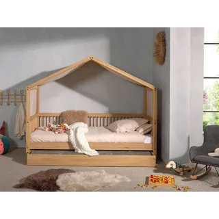 Home Affaire Hausbett Eiche massiv geölt, Made in Europe, langlebige Qualität (B/H/T ca. 207,5x170x97,5cm, inkl. Dachaufbau und Massivholz Lattenrost), Liegefläche 90x200 cm, inkl. Textilhimmel und Bettschublade beige