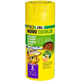 JBL PRONOVO CICHLID GRANO, Hauptfutter für kleine Buntbarsche von 3-10 cm, Klickdosierer, Fischfutter-Granulat, Größe S, 250 ml