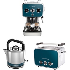 Russell Hobbs Frühstücksserie: Espressomaschine(Siebträgermaschine 15 Bar) + Wasserkocher(1,5l,Schnellkochfunktion) + Toaster(für 2 Scheiben,extra breite Toastschlitze) [Serie Distinction Ocean Blue]