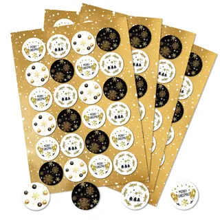 96 Weihnachtssticker Merry Christmas gold schwarz weiß rund 4 cm Verpackung Deko Premium Made in Germany Logbuch-Verlag