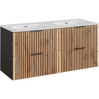 Badmöbel Doppelwaschtisch mit Unterschrank 120 cm XANTEN-56 in anthrazit mit Eiche Nb. schwarz gerillt, B/H/T: ca. 121/58,5/46 cm - Braun