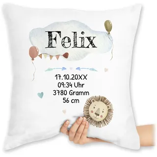 Kissen 40x40 Zierkissen - Geburtsgeschenk Baby Geschenk zur Geburt Junge Löwe - 40 x 40 cm - Weiß - personalisierte Babygeschenk neugeboren Name Pillow geburtskissen Neugeborene Geschenke