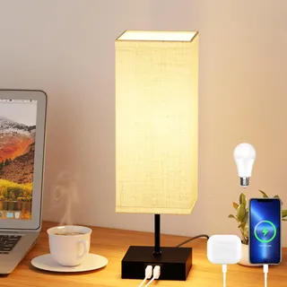 Toipwen Nachttischlampe Touch Dimmbar mit USB-Ladefunktion, Moderne Tischlampe mit 3 Farbtemperaturen (Warmweiß/Kaltweiß/Tageslicht), 6W E27 Birnen für Schlafzimmer, Wohnzimmer, Büro, Lernzimmer