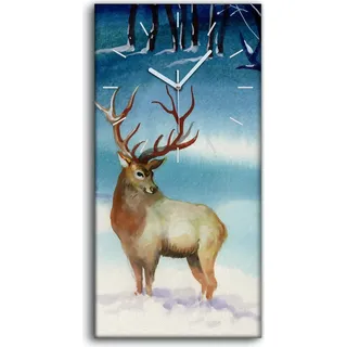 Wandbild Leinwand Bilder Wanduhr 30x60 Gemälde Winter Schnee Wald Hirsche Bäume - weiße Hände - Weiß