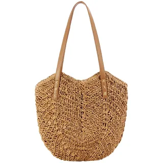 HTTDSLF Damen Gewebte Tasche, Stroh Handtasche Damen Große, Sommer Strandtasche Damen Stroh Umhängetasche Reißverschluss Vintage Bohemian Strandtasche, für Strand Damenreisen und Urlaub (Braun)