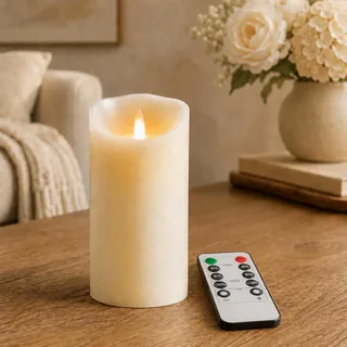 Da by Echtwachs LED-Kerze flackernd mit beweglicher Flamme, einzelne Kerze 8x15cm, mit Fernbedienung, AA-batteriebetrieben (Batterien nicht enthalten), wiederverwendbar ohne offene Flamme