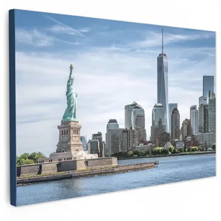 MuchoWow Leinwandbild New York - Freiheitsstatue - Wasser Wohnzimmer 120x80 cm , Hellblau , Textil , Kiefer , Rechteckig , 120x80 cm , FSC 100% , gerahmt , Bilder & Rahmen, Bilder, Leinwandbilder