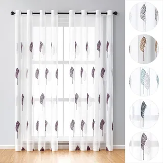 2er-Set Vorhang Blätter Stickerei mit Ösen, Voile, Blumen Gardinen,140x245cm,Lila