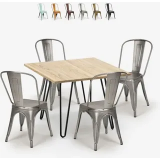 set tisch 80x80cm 4 stühle küche bar vintage metall holz hedges light - Silver - Silber