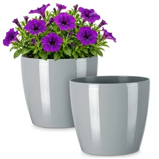 PECZEKO Glänzende Blumentöpfe - Deko Pflanztopf für Blumen & Kräuter - Langlebige & leichte runde Kunststoff-Pflanzentöpfe für Wohn- & Esszimmer, Küche, Terrasse, Balkon - 2er-Set - (Grau, ø 30 cm)