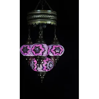 4-globige türkische Hängelampe aus lila Mosaikglas – orientalische Deckenleuchte mit 4 Kugeln - Lila