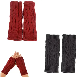 2 Paar Handstulpen,Pulswärmer Damen,Fingerlose Handschuhe Damen,Arm Warmers,Weicher Strick Handschuhe Ohne Finger,Winter Halb Fingerhandschuhe,Fingerless Gloves,Strickhandschuhe (Weinrot+Dunkelgrau)