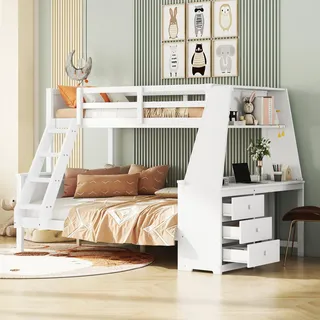STILVORA Etagenbett 90×200cm+140×200cm mit zwei Matratze, Kinderbett mit Tisch, drei Schubladen und einem Ablagefach, hohes Geländer,Leiterposition optional, Weiß - Weiß