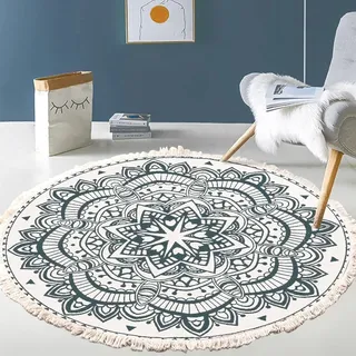 Vintage Boho Baumwolle Teppiche Mandala Muster Waschbar Handgewebte Böhmische Runder Teppich mit Quasten für Schlafzimmer Flur Wohnzimmer Couchtisch Fußmatten,Waschmaschinenfest,60CM Blumen #2