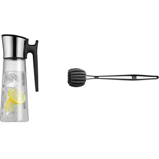 WMF Basic Wasserkaraffe 1,5 liter, Glaskaraffe mit Deckel und Griff 1,5l, Silikondeckel, CloseUp-Verschluss & Basic Flaschenbürste lang 41 cm, Reinigungsbürste mit 6 weichen Reinigungsschwämmen