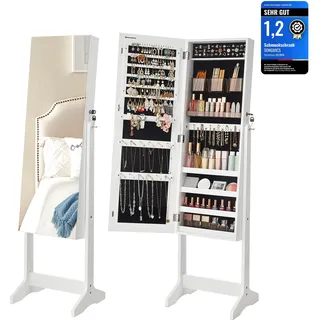 Songmics Schmuckschrank, Spiegelschrank stehend, mit 2 separaten Make-up Organizern, rahmenloser Ganzkörperspiegel, abschließbar, für Ketten, Ohrringe, Schminke, weiß JJC002W01