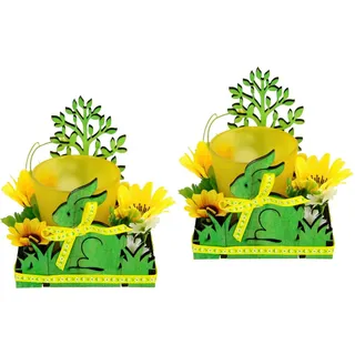 I.GE.A. Teelichthalter »Hase« 2er Set Windlicht Osterhase Glas Holz Kerzenleuchter Frühlingskranz 3D, gelb