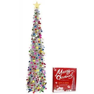 UHAPEER Faltbarer Weihnachtsbäume 1.8m, Künstliche Weihnachtsbäum mit Lametta, Pailletten Weihnachtsbäum mit Ständer, Pop up Künstlicher Tannenbaum für Weihnachten Dekoration