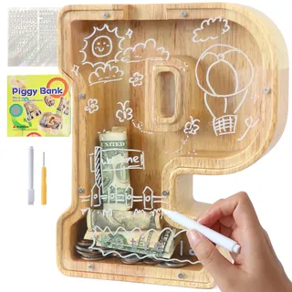Lakpopya Spardose für Kinder Jungen Mädchen Sparschwein Kinder Spardose Personalisiert Durchsichtig Spardose Buchstabe Holz A-Z mit Zielbereich & Aufkleber & Marker, Taufe Geschenk Dekoration (P)
