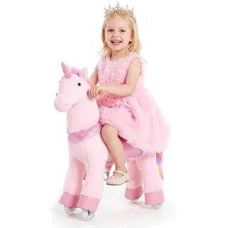 Vevor Reitpferd auf Rollen 80cm, 50kg Belastbares Stehpferd mit Soundfunktion, Spielpferd mit Erhöhtem Sitz Griffen Pedalen, Rosa Einhorn mit Regenbogenmähne zum Reiten für Kinder Mädchen 3-8 Jahren
