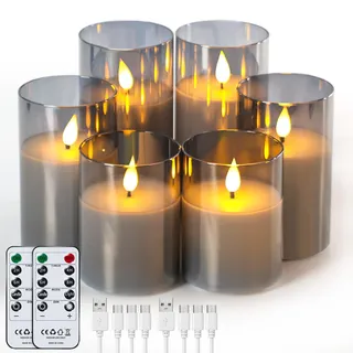 Forever Speed 6er-Set Grau Glas Led Kerzen Aufladbar mit Fernbedienung Timer, Dimmbar Wiederaufladbare Flammenlose Kerzen mit Ladekabel für Wohndekoration, Camping, Hochzeiten, Geschenke