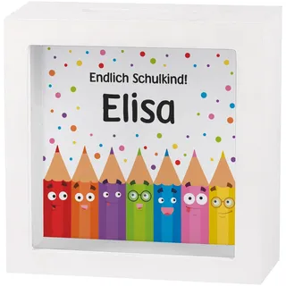 Striefchen® Geldgeschenk Spardose Einschulung personalisiert mit Name – 15 cm Bilderrahmen Geschenk für Schulkind 1. Klasse – Schulanfang & Schulstart Sparschwein – Motivauswahl (Buntstifte)