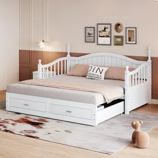 Ball & Cast Ausziehbares Schlafsofa Aus Massivholz 90/180 * 190 cm, mit geschwungener Rückenlehne und Armlehnen, mit Schubladen und Lattenrost, Multifunktionsbett Aus Kiefernholz, Weiß