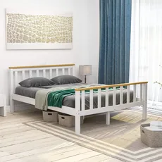 Amazon-Marke: Vida designs Mailand Doppelbett, Bettgestell, massives Kiefernholz, Kopfteil, Schlafzimmermöbel mit hohem Fußende, Weiß und Kiefer, 4Ft6 (Früher Movian)