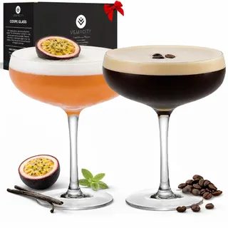 Vemacity Elegante Espresso Martini Gläser 2er Set | Handgefertigte Cocktailgläser Set | Champagner Schalen | Edle Coupe für Margarita & Cocktails | Martinigläser | Ideal zum Verschenken