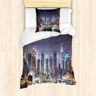 ABAKUHAUS New York Bettbezug Set für Einzelbetten, Manhattan-Skyline nachts, Milbensicher Allergiker geeignet mit Kissenbezug, 135 cm x 200 cm - 80 x 80 cm, Blau und Orange - Blau